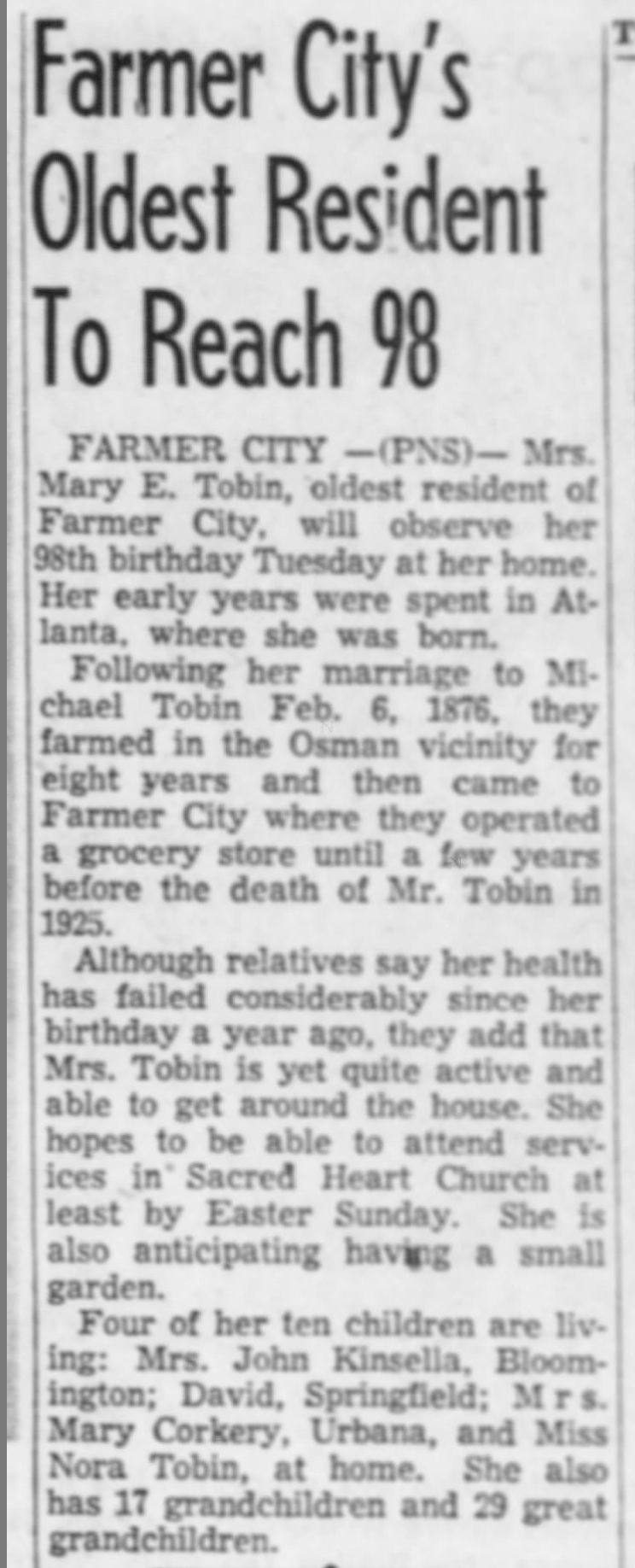 Farmer City's oldest resident to reach 98